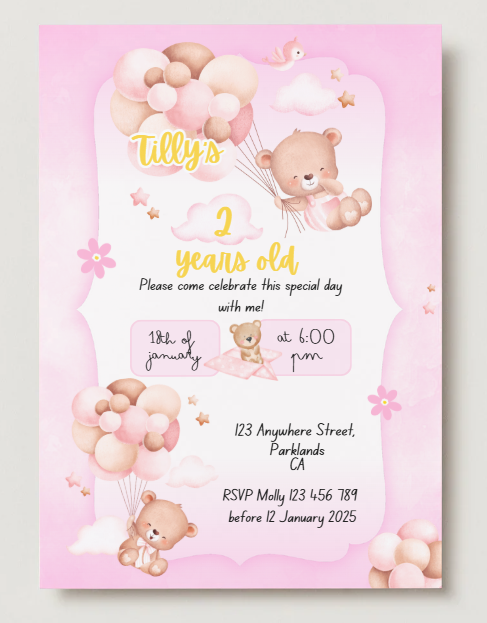 Teddy Bear and Balloons Birthday Party Invitation - PeppaTree Designs