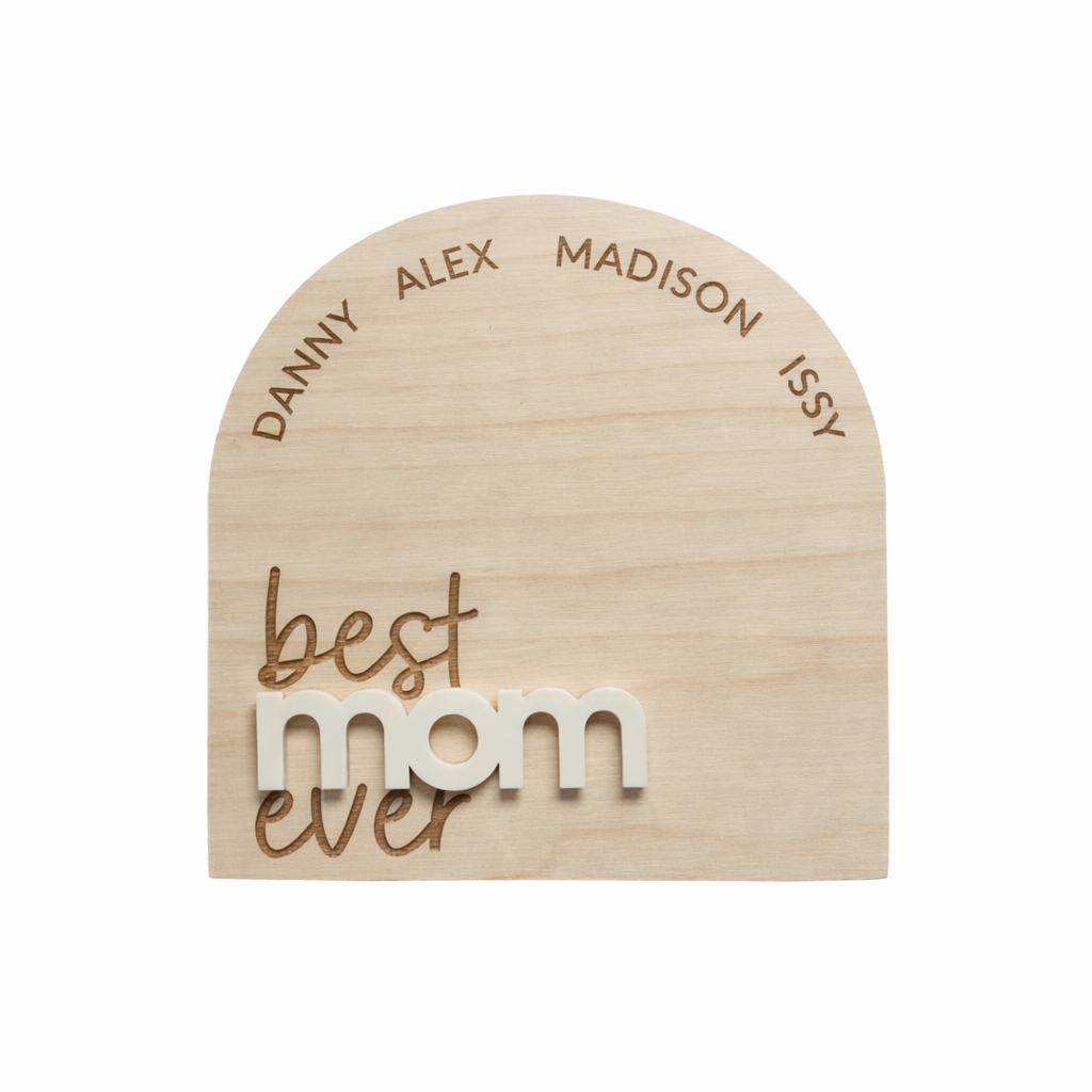 PeppaTree Designs Best MOM Ever arch sign with stand, a decorative home decor piece celebrating motherhood.