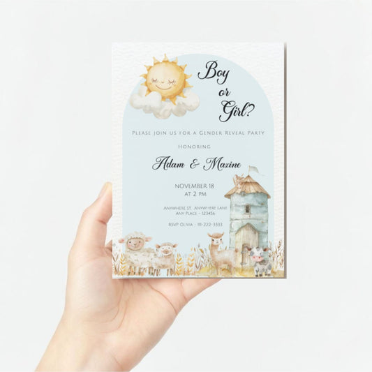 Boho Farm Animal Gender Reveal Invitation - PeppaTree Designs