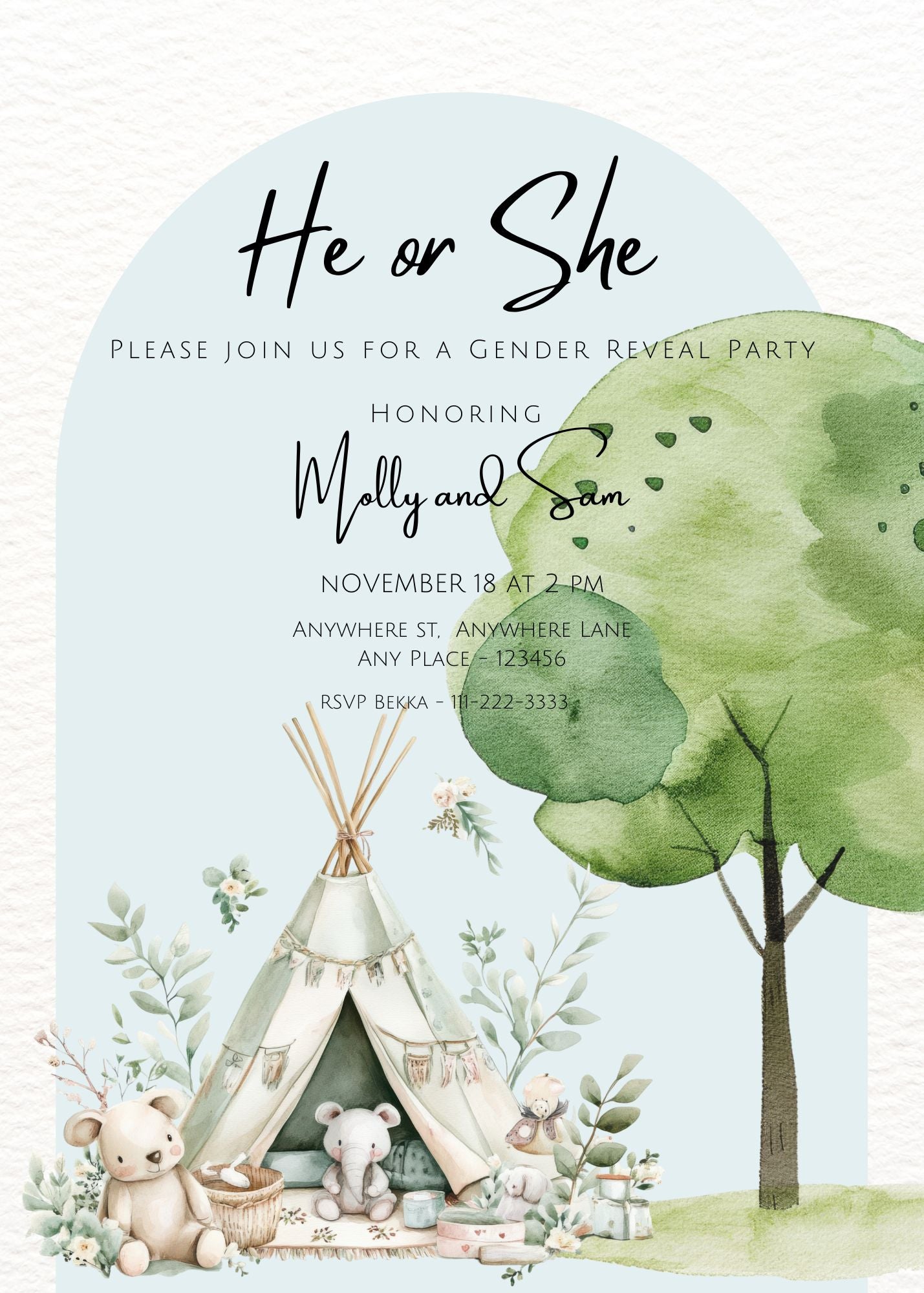 Boho Gender Reveal Invitation - Teepee