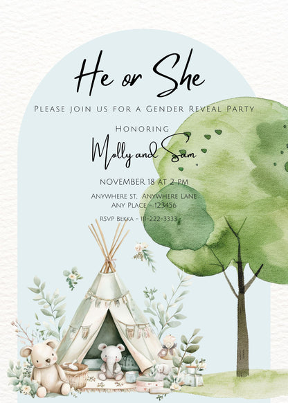 Boho Gender Reveal Invitation - Teepee