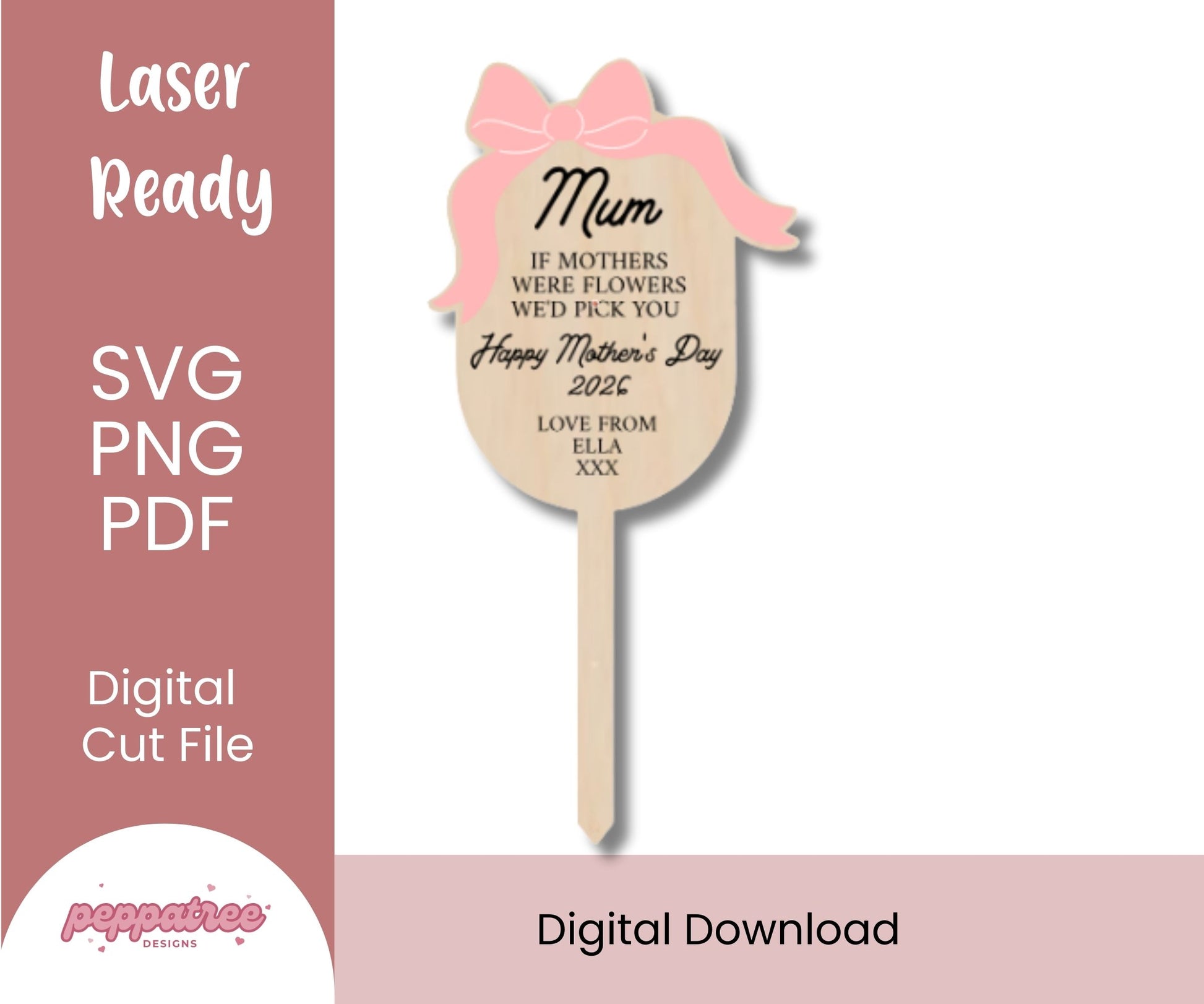 Custom name bow marker from PeppaTree Designs, a keepsake floral-themed gift for Mother's Day with a decorative bow.