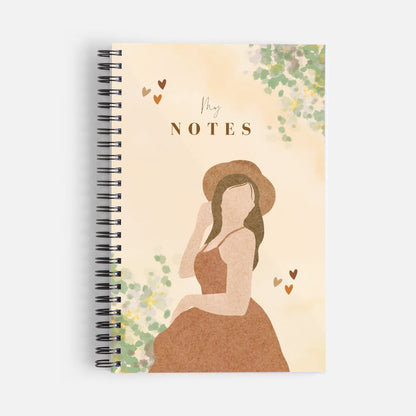 Green and Brown Watercolor Girl Spiral Daily Notebook - Ruled Line - PeppaTree Design Store