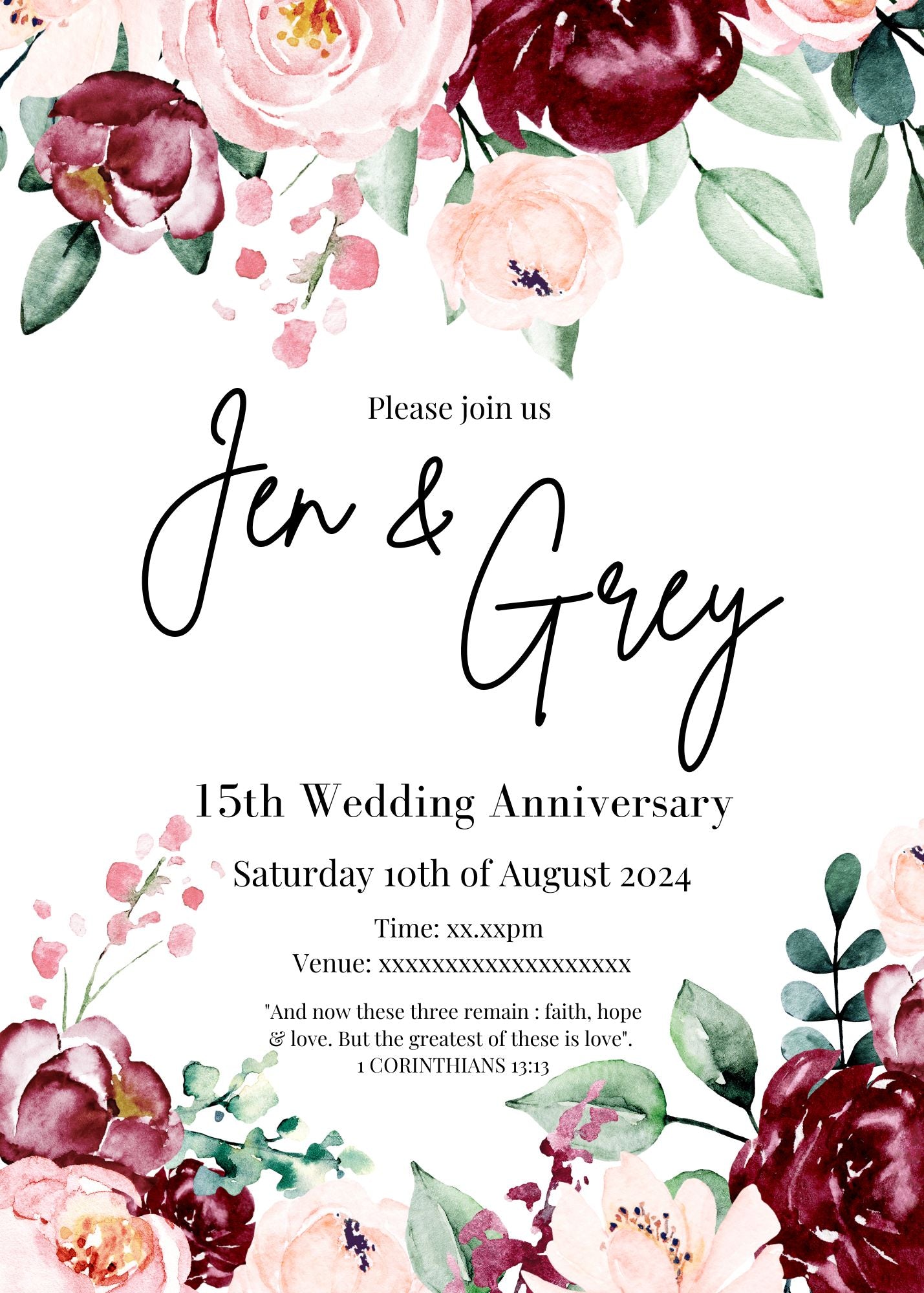 Burgundy Pink Floral DIY Invitations - PeppaTree Designs
