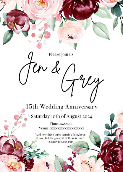Burgundy Pink Floral DIY Invitations - PeppaTree Designs