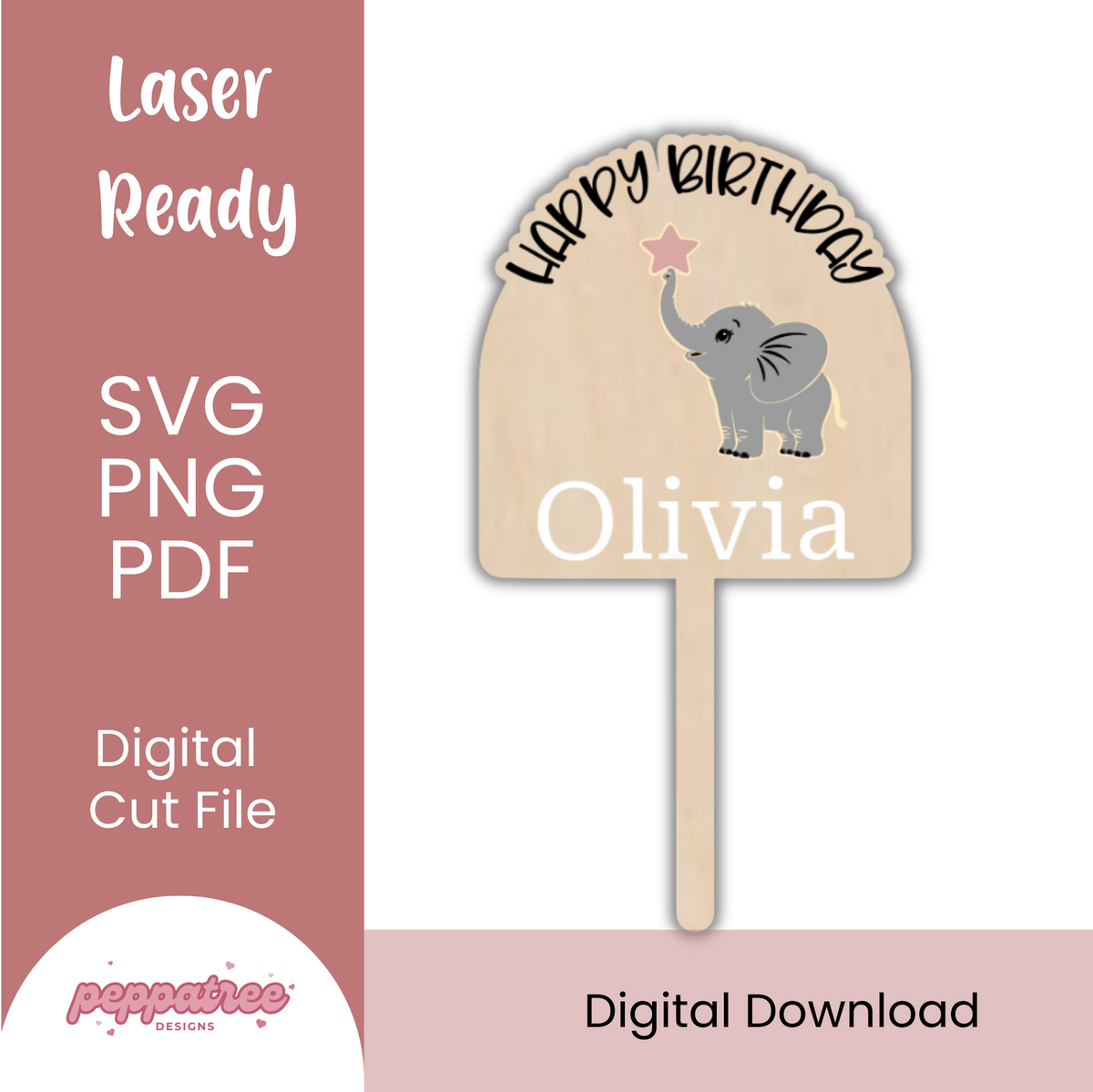 Custom baby elephant cake topper from PeppaTree Designs, featuring adorable nursery decor for a baby celebration.