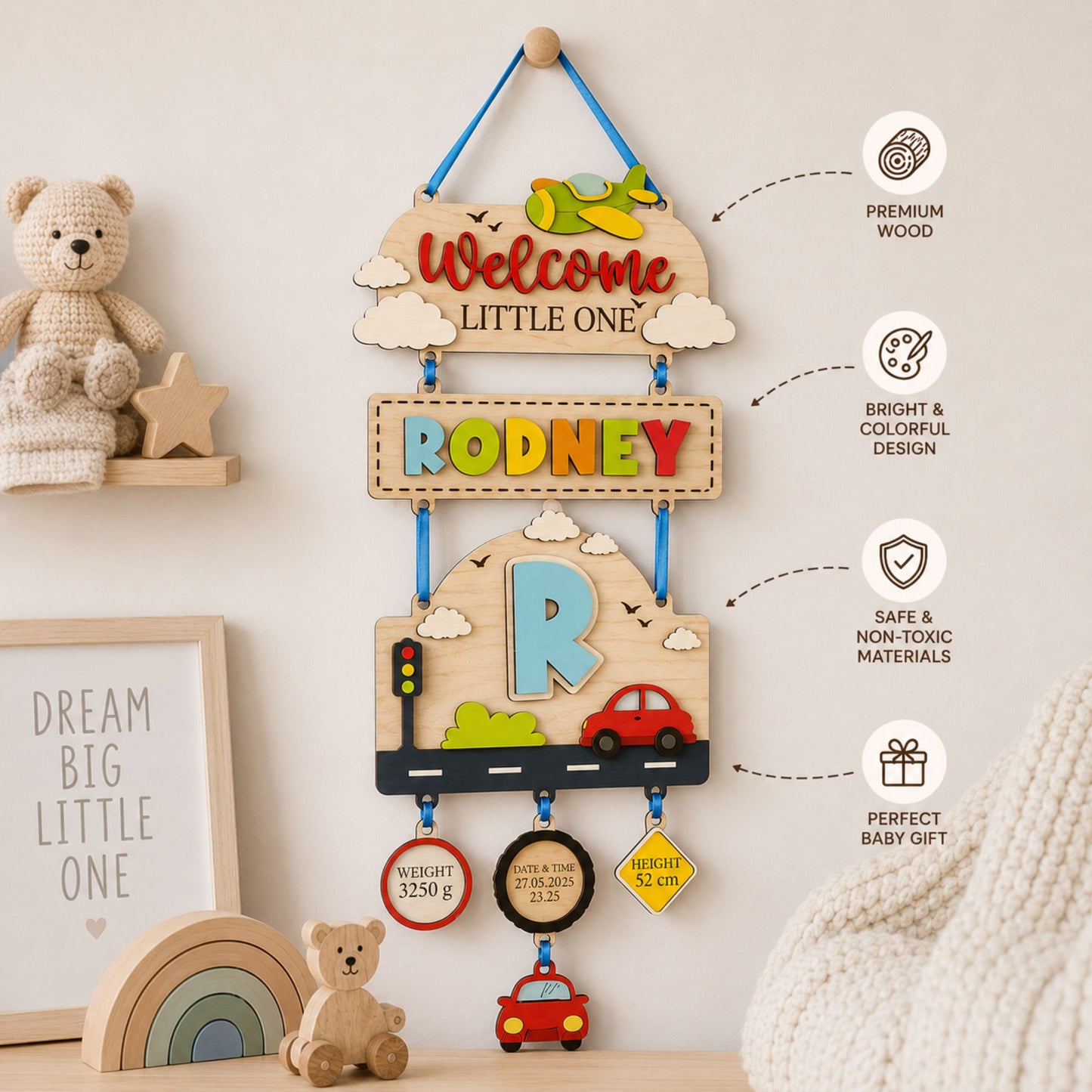 Personalised Car and Plane Nursery Name Sign