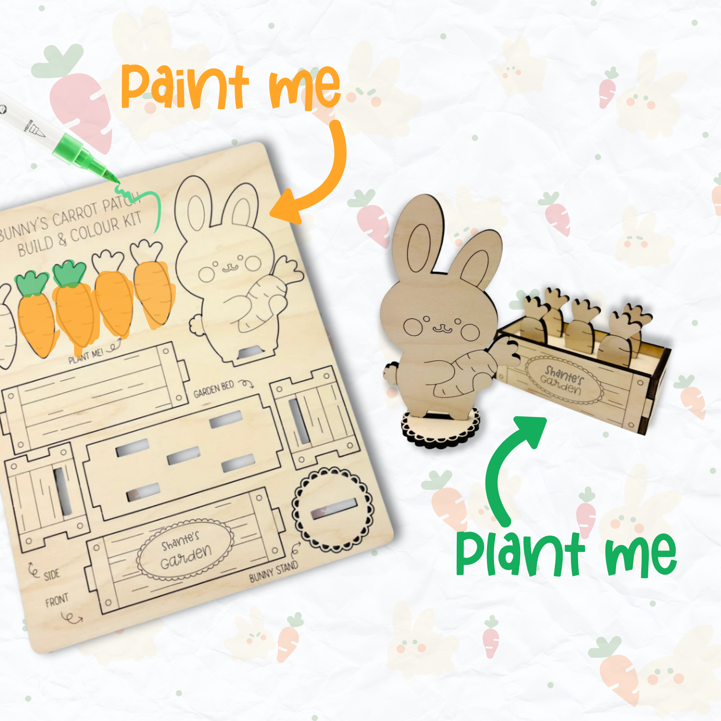 PeppaTree Designs Easter Bunny Paint and Pop Out Kit featuring a colorful carrot patch background for creative holiday fun.