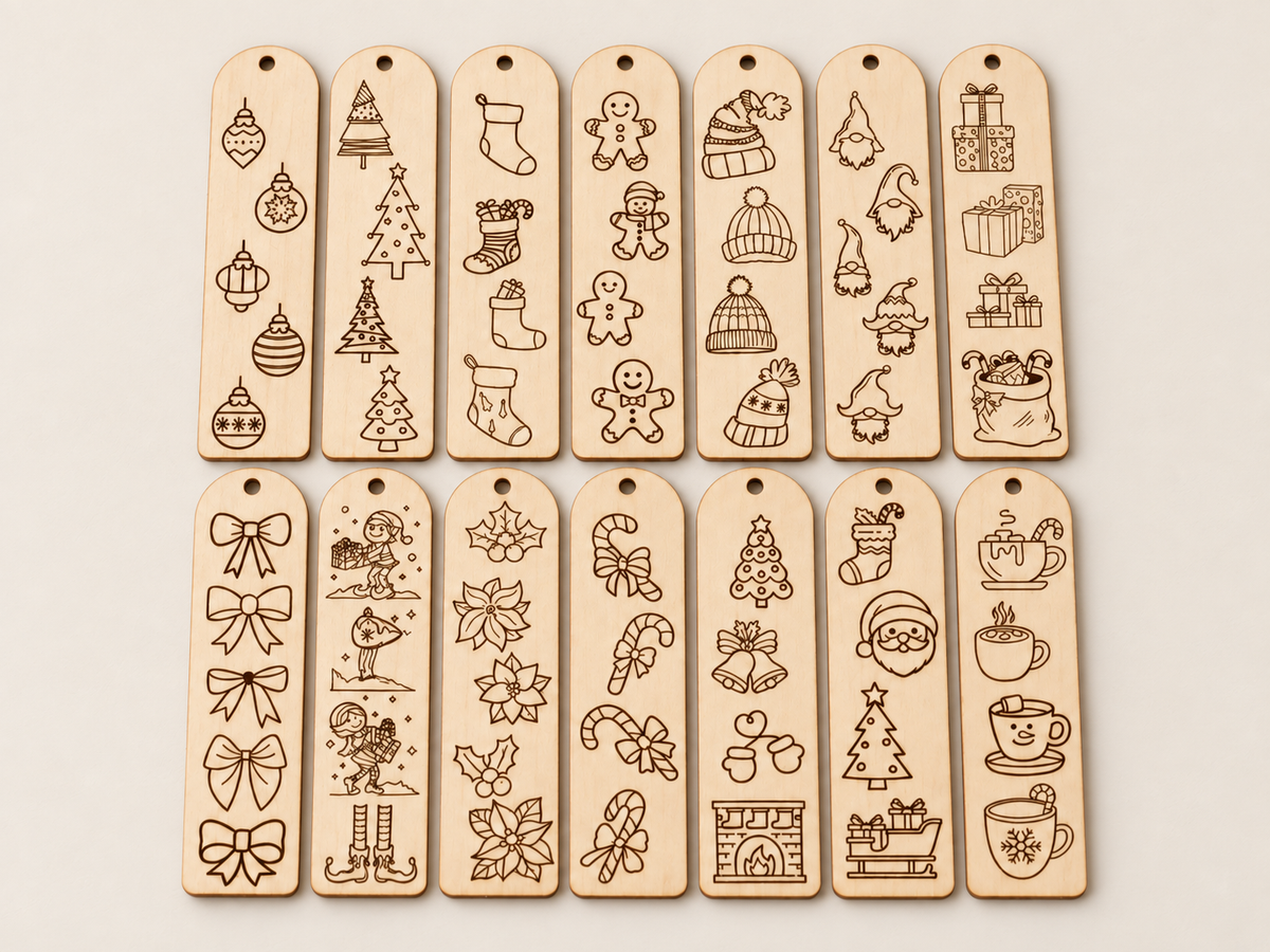 Twelve rectangular wooden tag ornaments with hanging holes, arranged in two rows on a light beige background. Each tag is engraved with different Christmas-themed illustrations including ornaments, trees, stockings, gingerbread men, hats, gifts, bows, leaves, candy canes, Santa, and mugs.