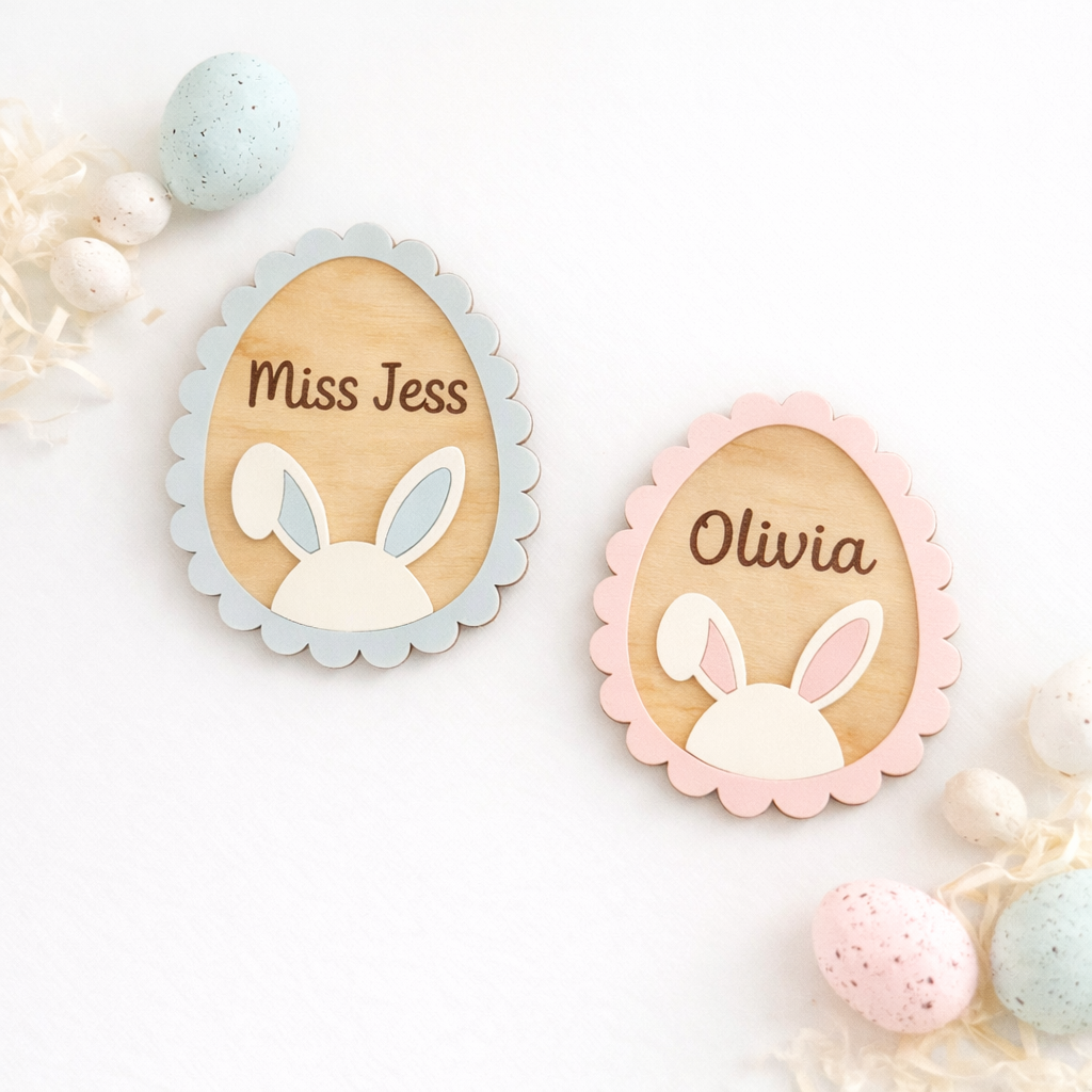 Easter badge name tag featuring colorful Easter-themed design by PeppaTree Designs, ideal for Easter celebrations and events.
