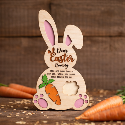 Cute Easter Bunny decor by PeppaTree Designs holding a snack sign for spring holiday decoration.
