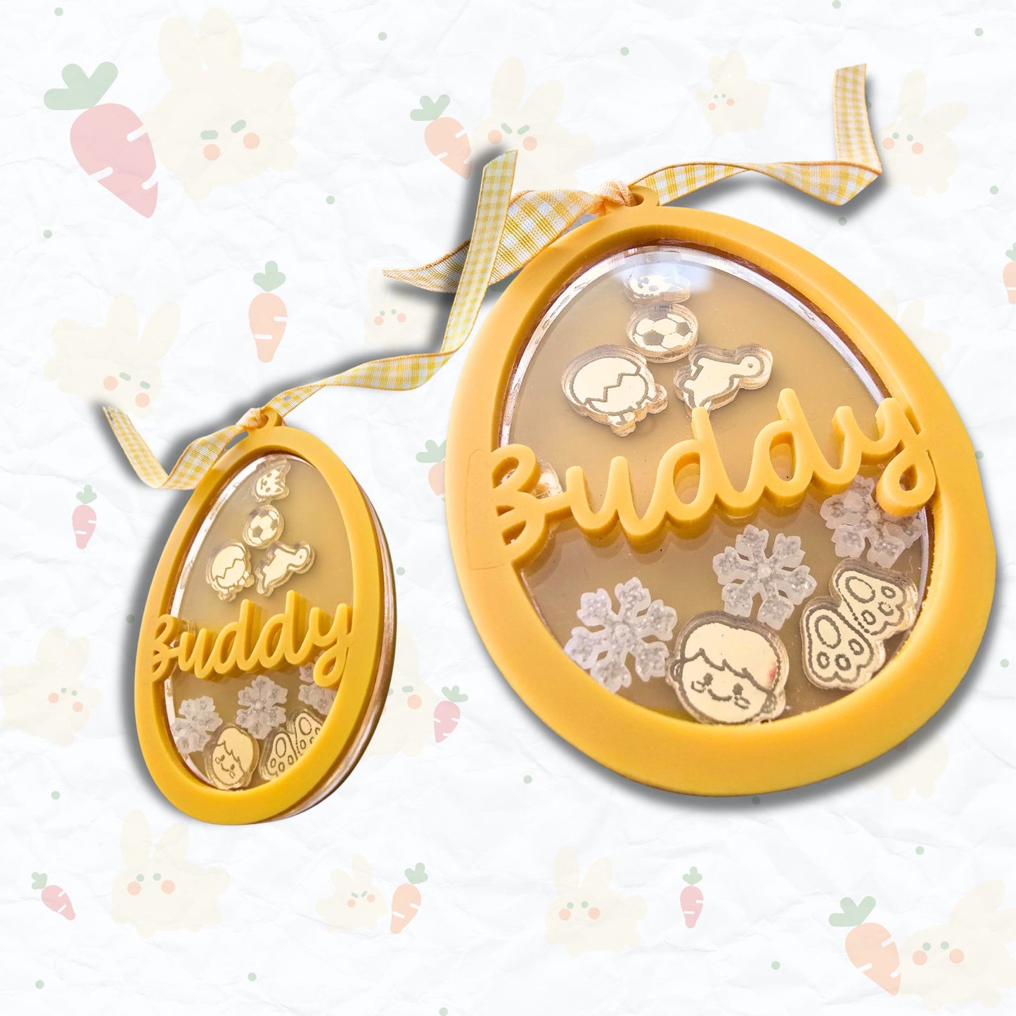 Custom Easter Egg Shaker Name Tag by PeppaTree Designs featuring a colorful decorated Easter egg with a personalized name tag.