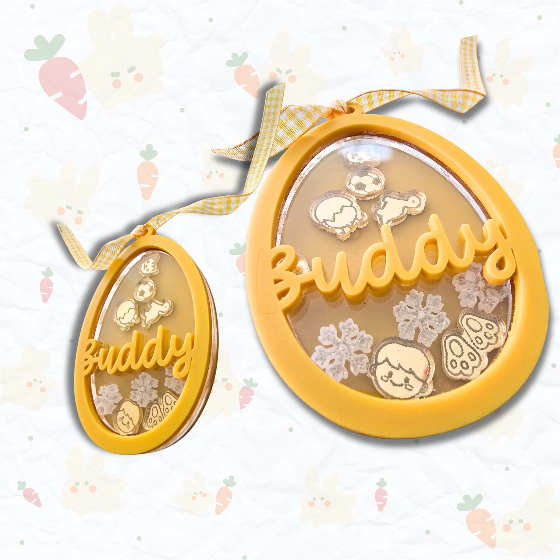 Custom Easter Egg Shaker Name Tag by PeppaTree Designs featuring a colorful decorated Easter egg with a personalized name tag.