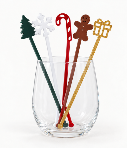 PeppaTree Designs Christmas stir sticks, 5-piece festive bouquet displayed in a clear glass