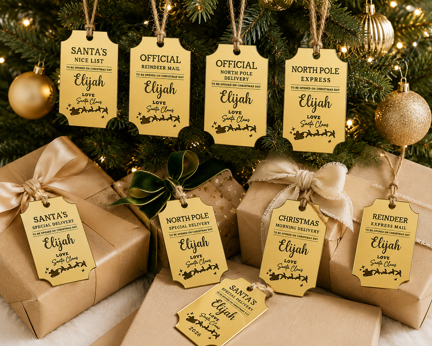 Christmas gift tags with personalized names on a decorated tree