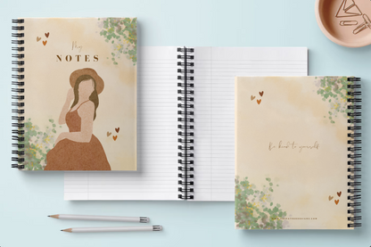 Green and Brown Watercolor Girl Spiral Daily Notebook - Ruled Line - PeppaTree Design Store