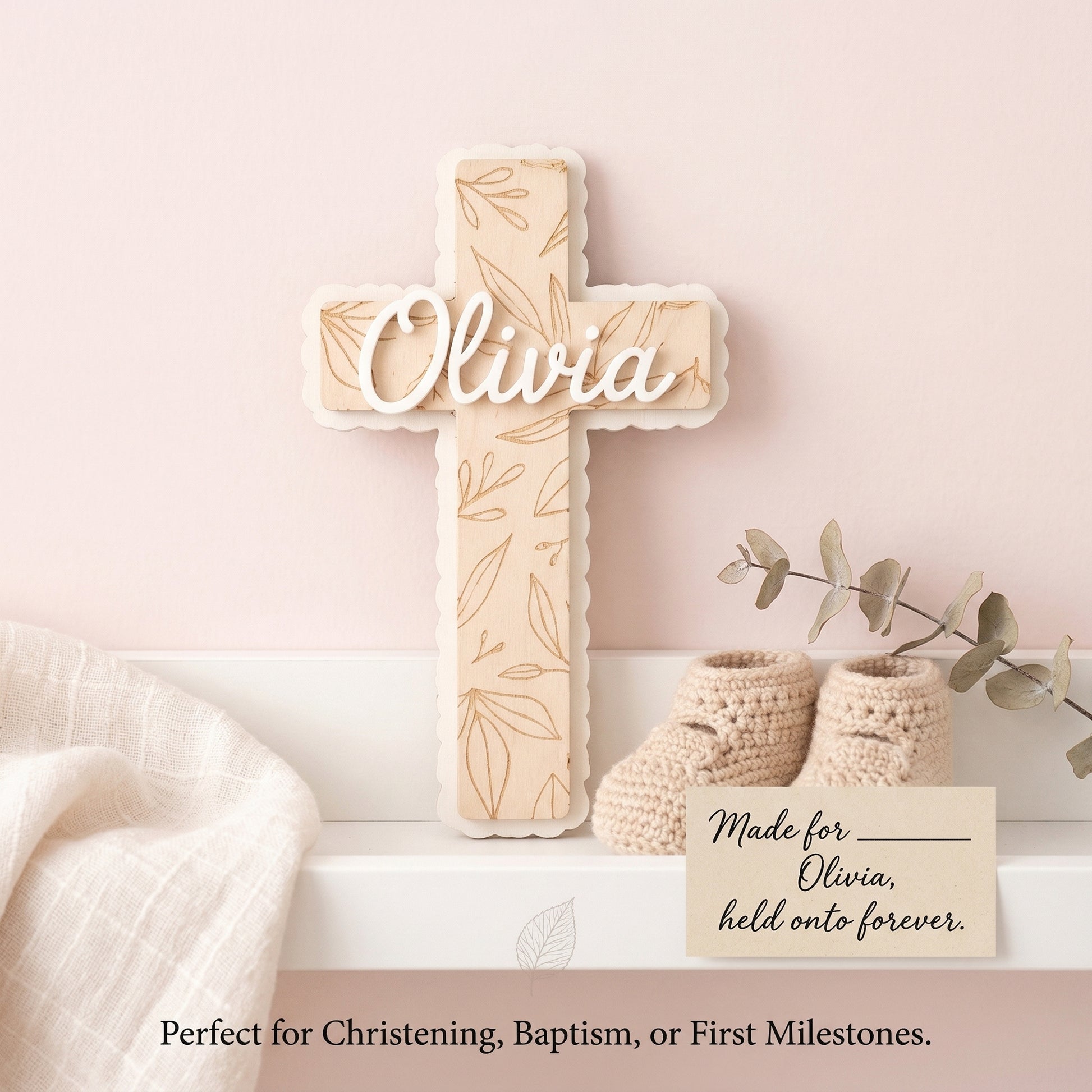 Personalised floral cross wall sign by PeppaTree Designs, featuring a delicate cross with floral accents for wall decor.