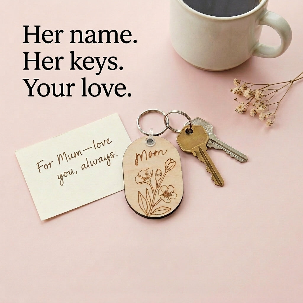 Personalised floral keychain wall sign with her name and keys design by PeppaTree Designs, featuring colorful floral accents.