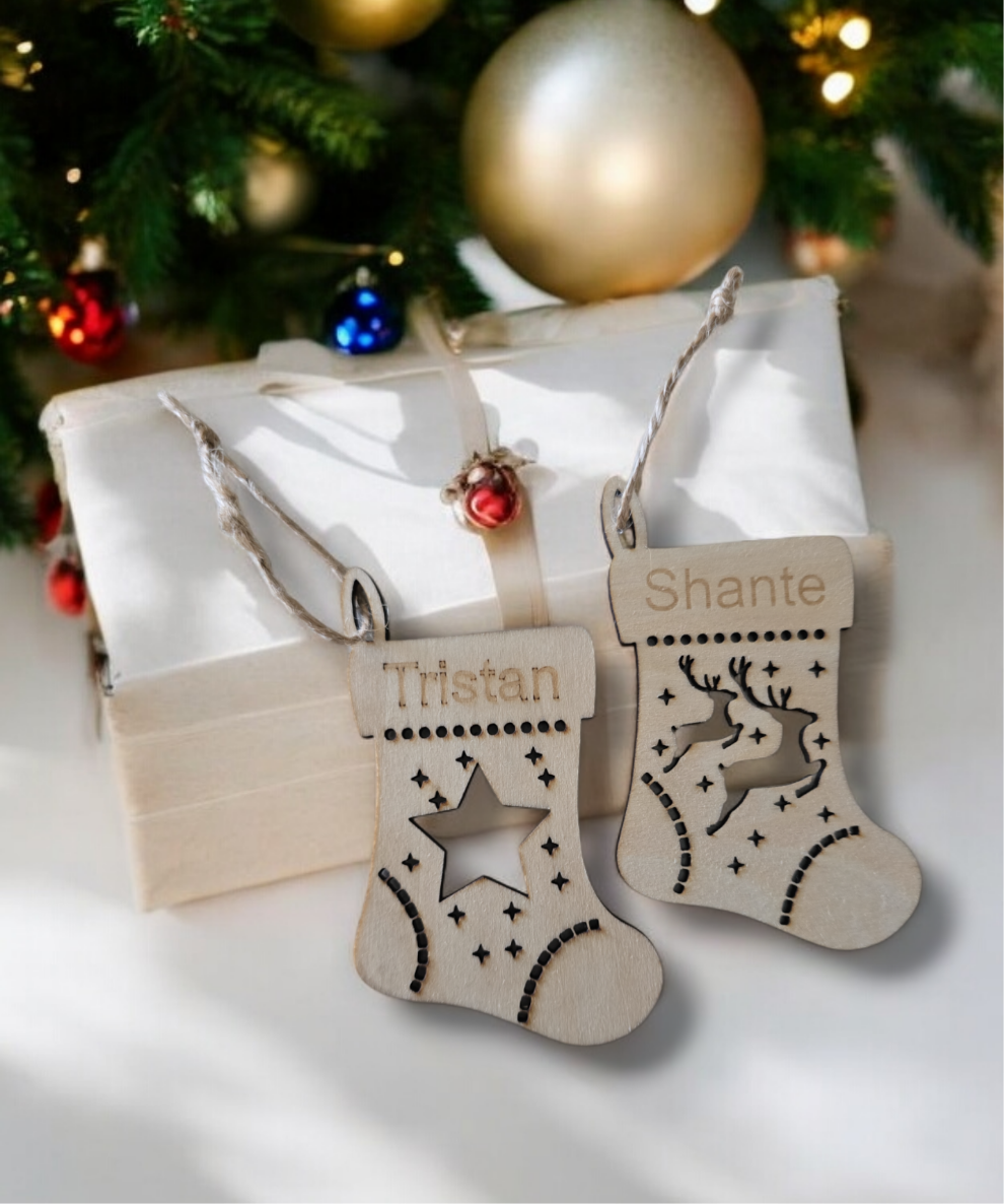 Personalized Christmas sock gift tags from PeppaTree Designs, festive holiday decorations for gift wrapping and Christmas decor.