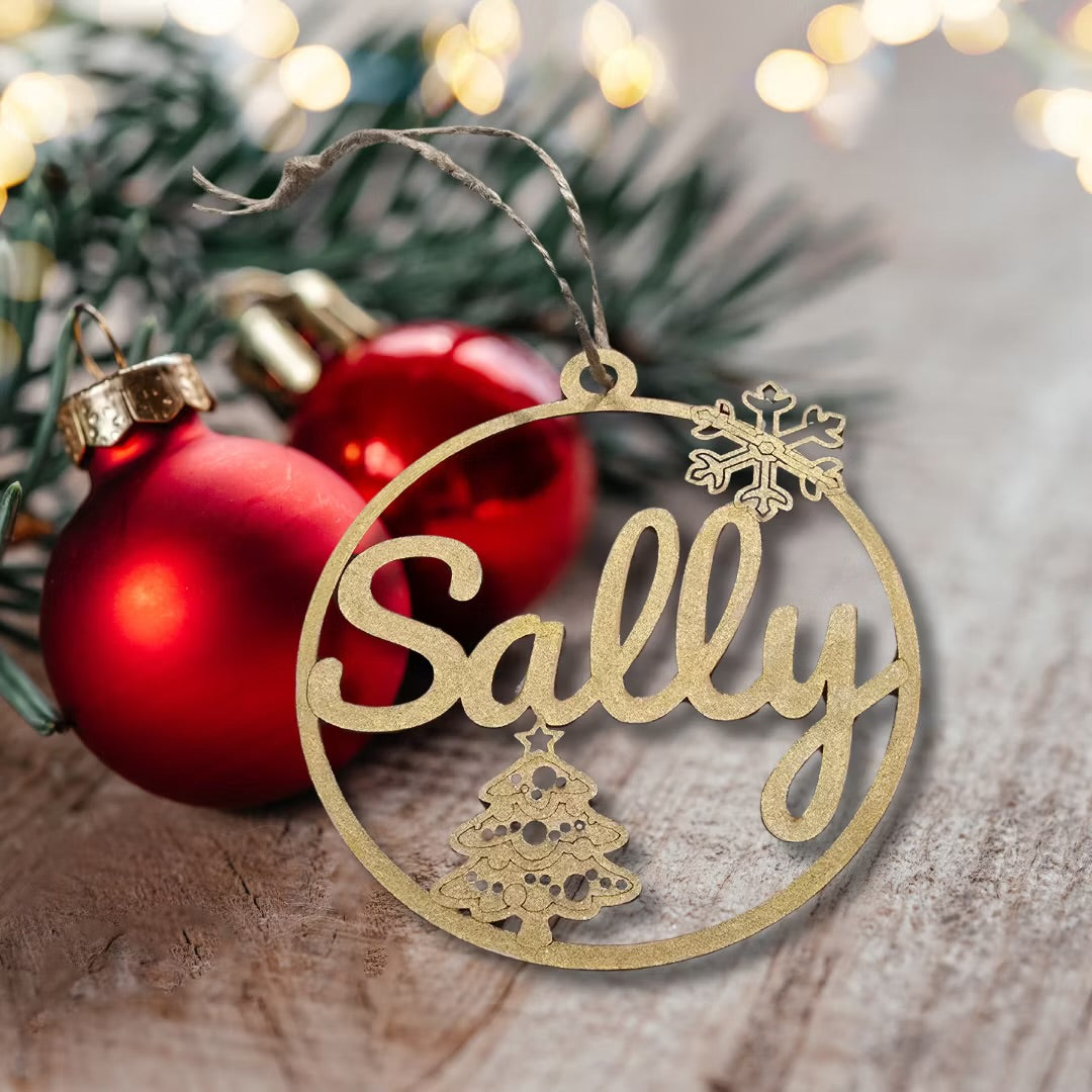 Personalise Name Christmas Tree and Snowflake Wooden Ornament