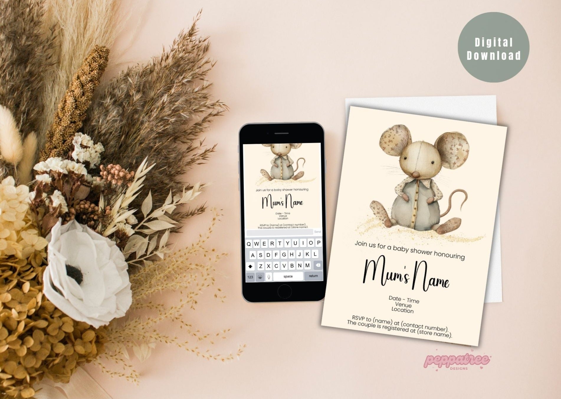 Mouse Gold Watercolour Animal Baby Shower Invitation Template - PeppaTree Designs