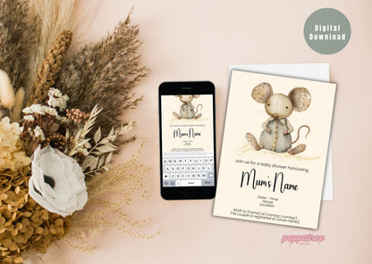 Mouse Gold Watercolour Animal Baby Shower Invitation Template - PeppaTree Designs