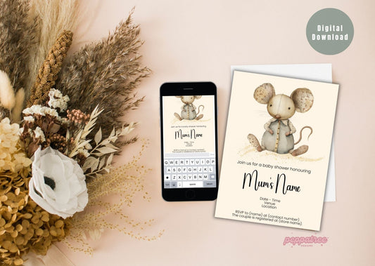 Mouse Gold Watercolour Animal Baby Shower Invitation Template - PeppaTree Designs