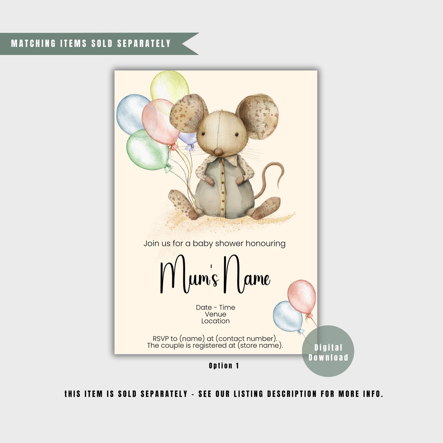 Mouse Watercolour Animal Baby Shower Thank You Card