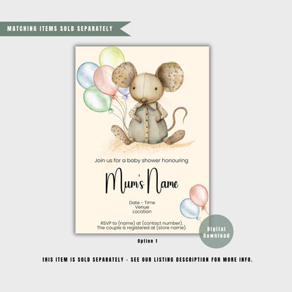 Mouse Gold Watercolour Animal Baby Shower Invitation Template