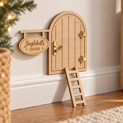 PeppaTree Designs Elf Ladder Christmas decoration with cozy fairy door and jingle bell details