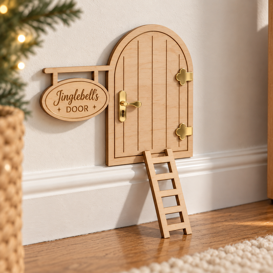PeppaTree Designs Elf Ladder Christmas decoration with cozy fairy door and jingle bell details