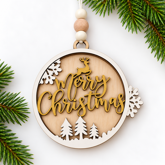 Merry Christmas Reindeer Wood Ornament