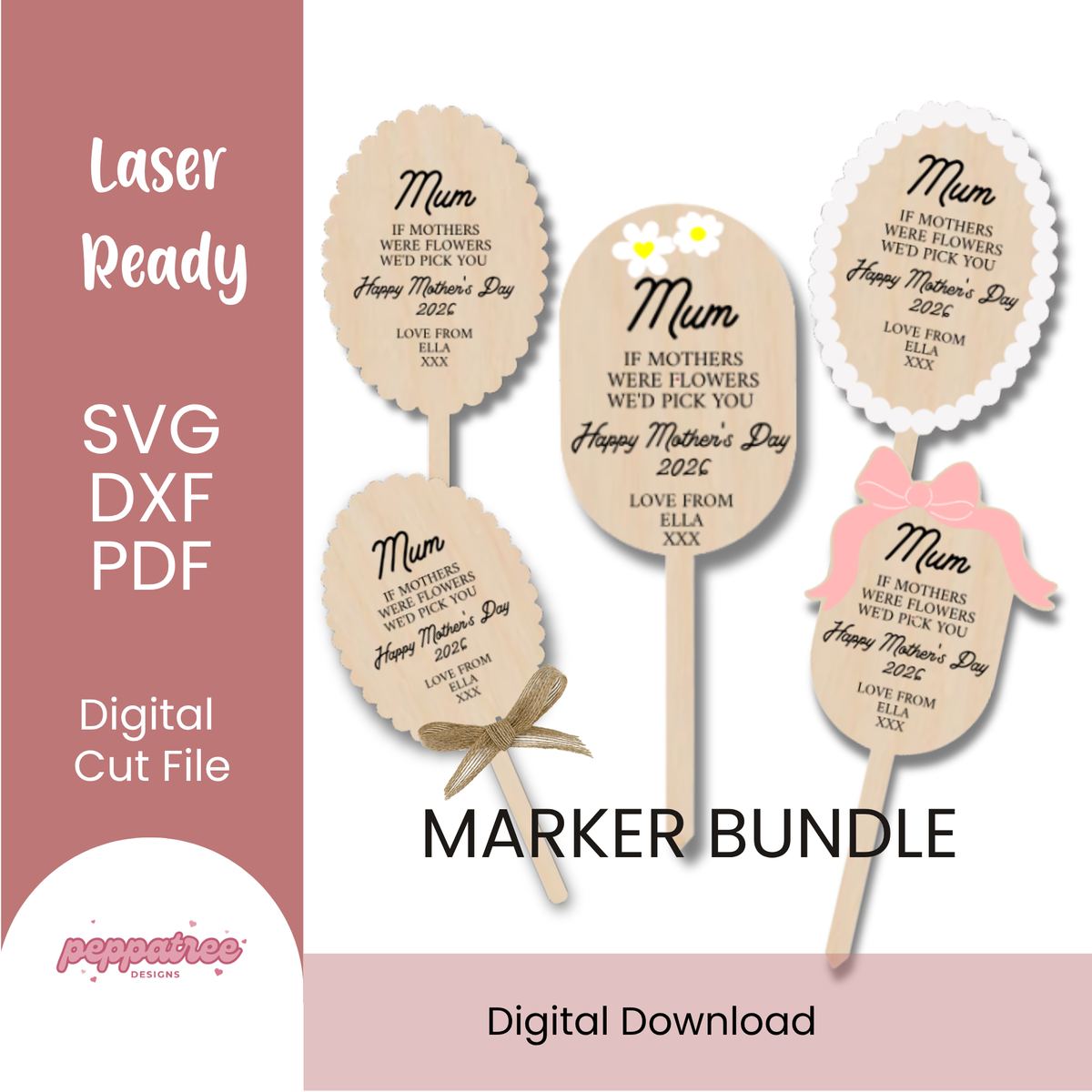 Digital download of Mother's Day bouquet markers bundle by PeppaTree Designs, featuring colorful floral-themed printable markers.