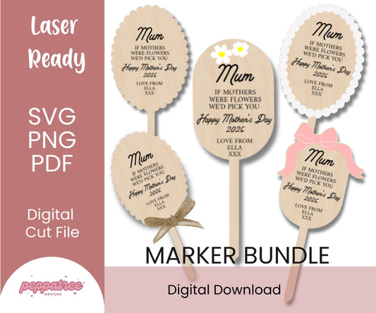 Digital download of Mother's Day bouquet markers bundle by PeppaTree Designs, featuring colorful floral illustrations and decorative labels.
