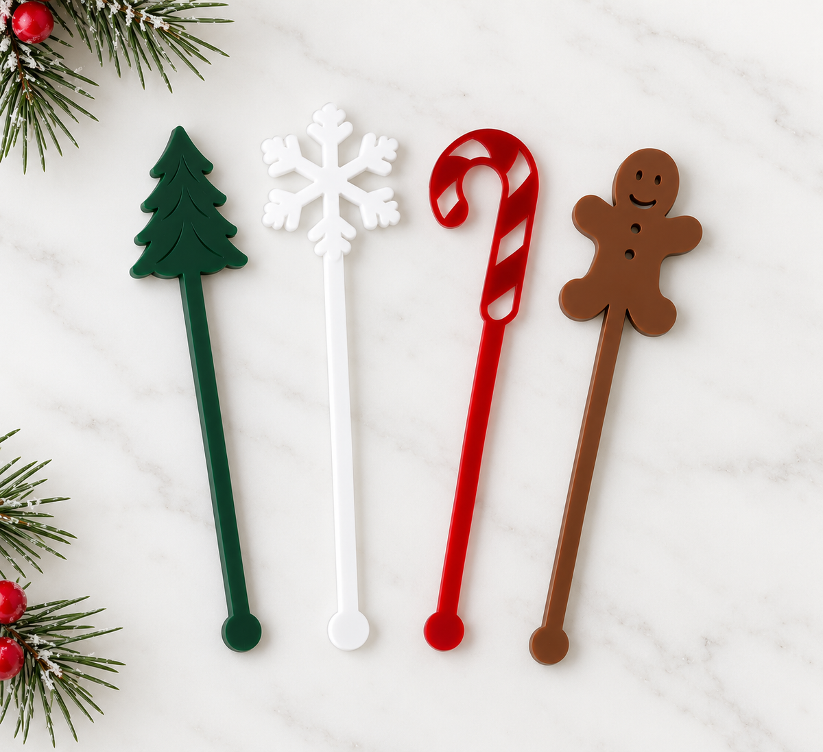 PeppaTree Designs Christmas stir sticks, 5-piece minimalist party decor collection for holiday drinks