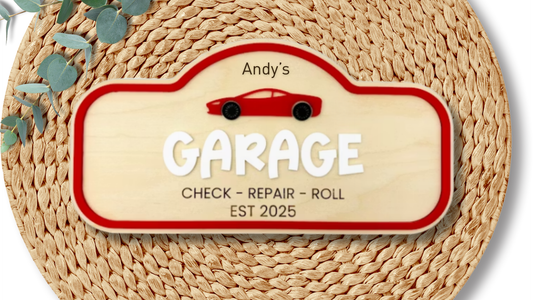 PeppaTree Designs garage wall sign for pretend play, featuring a colorful, playful design perfect for children's pretend garage setups.