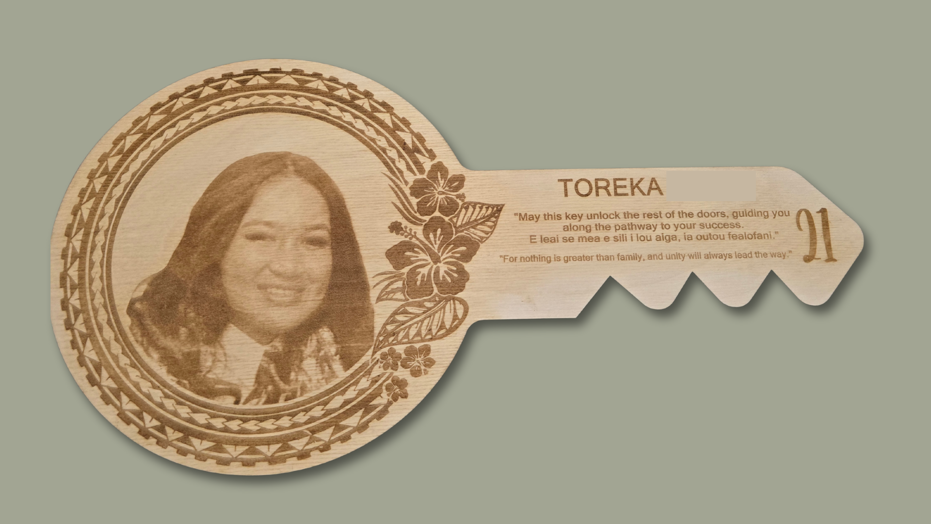 Laser-cut custom engraved 21st key by PeppaTree Designs, featuring intricate design details on a personalized keepsake.