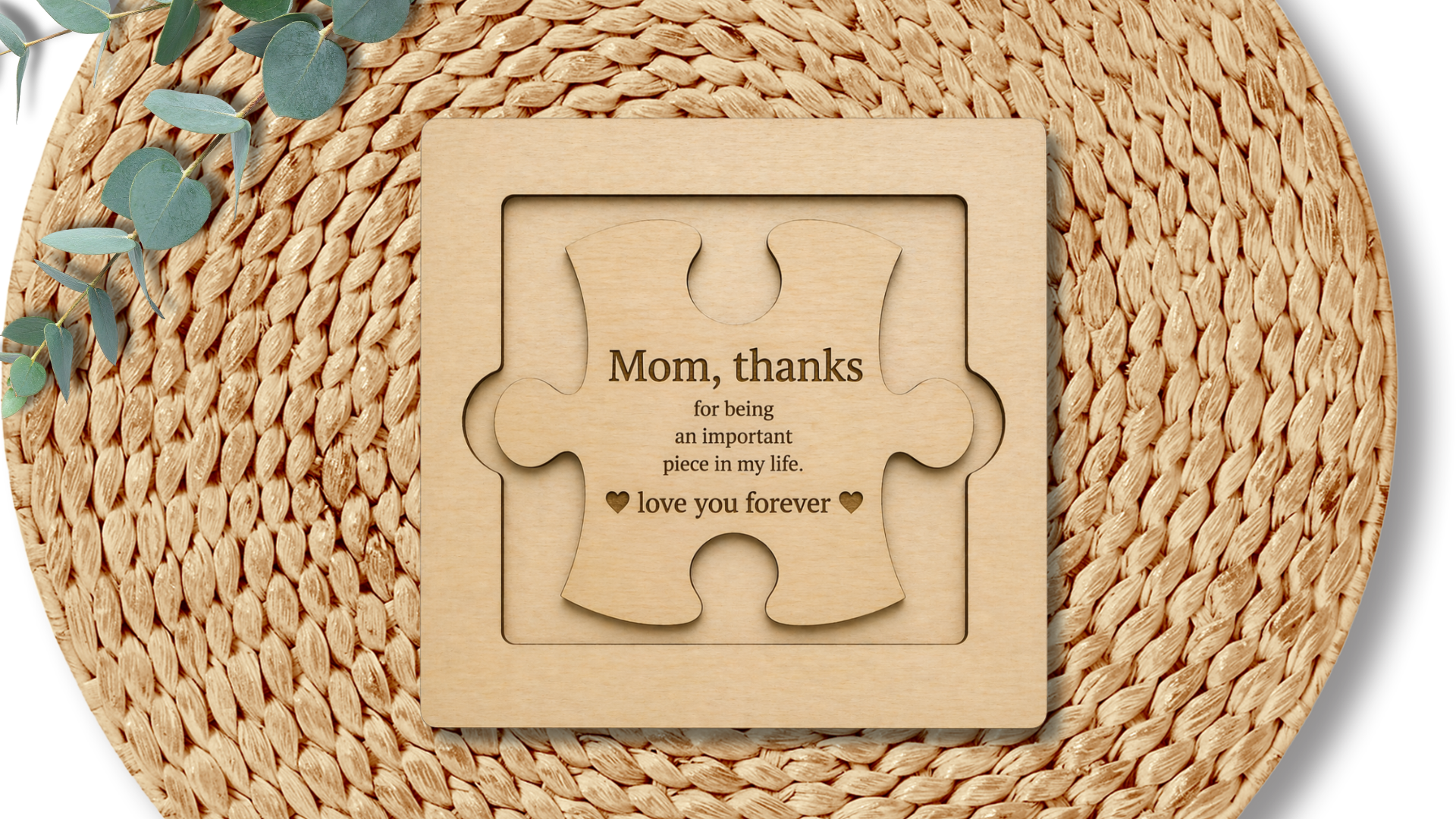 PeppaTree Designs Mom Puzzle Piece wall decor plaque with engraved design, showcasing a heartfelt tribute for home decoration.