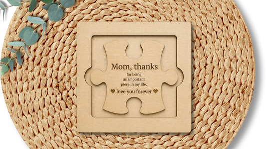 PeppaTree Designs Mom Puzzle Piece wall decor plaque with engraved design, showcasing a heartfelt tribute for home decoration.