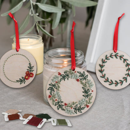Laser cut embroidery Christmas wreath ornaments by PeppaTree Designs, featuring festive holiday designs on a 30x30cm mockup.