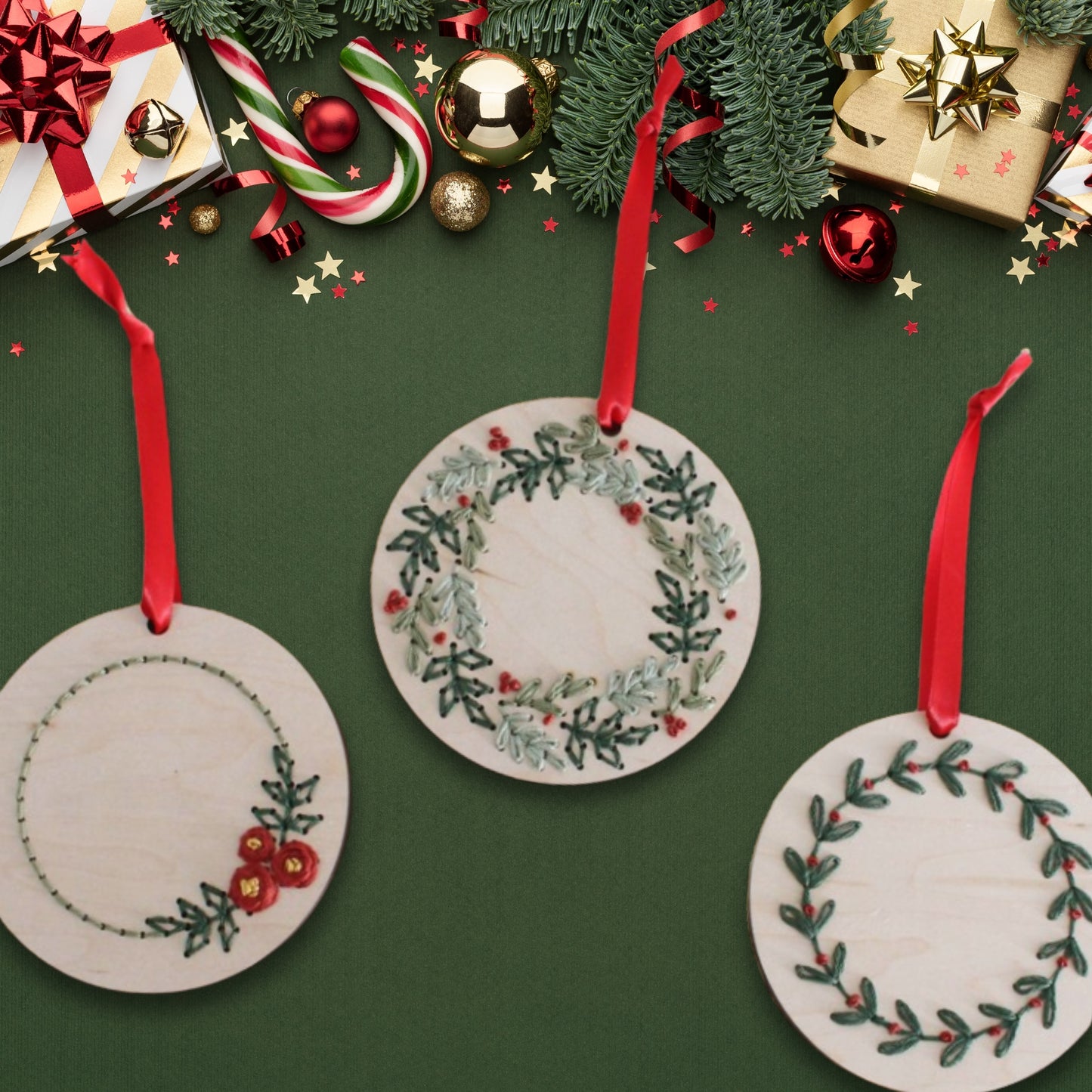 Laser cut embroidery Christmas wreath ornaments by PeppaTree Designs, featuring festive holiday designs on a 30x30cm mockup.