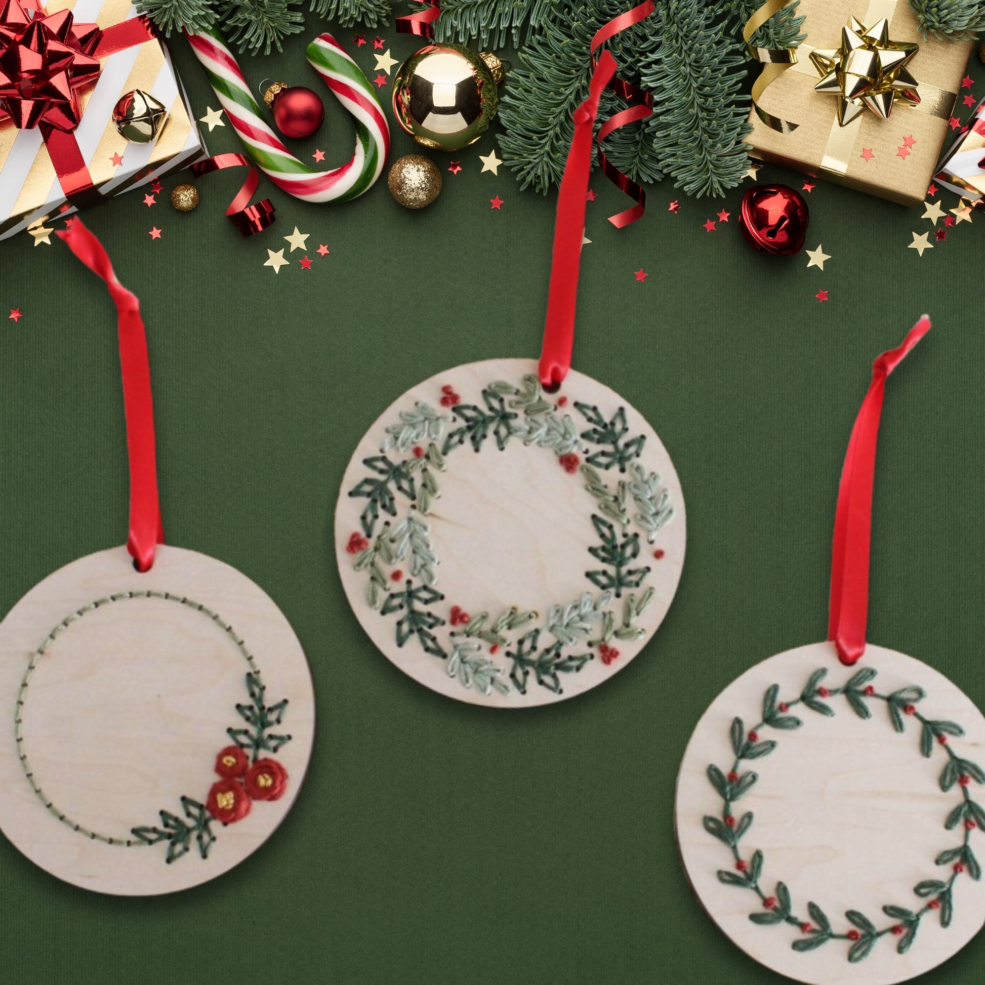 Laser cut embroidery Christmas wreath ornaments by PeppaTree Designs, featuring festive holiday designs on a 30x30cm mockup.