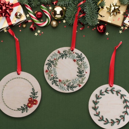 Laser cut embroidery Christmas wreath ornaments by PeppaTree Designs, featuring festive holiday designs on a 30x30cm mockup.