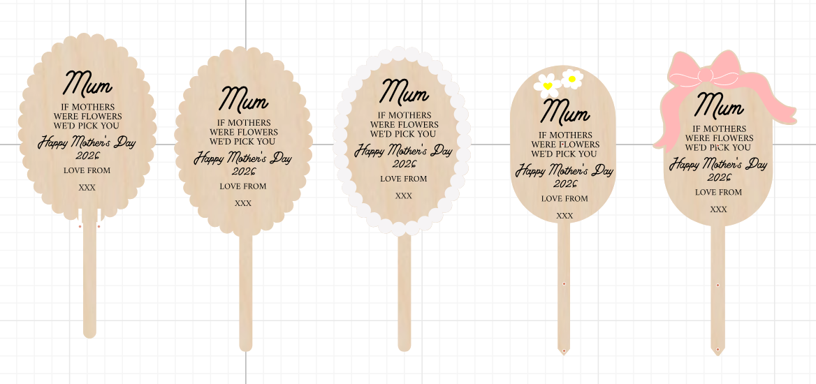 Five wooden cutout shapes with 'Mum' text and Mother's Day wishes on a white background.