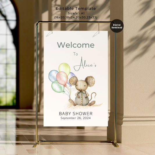 Mouse Watercolour Animal Baby Shower Welcome Sign