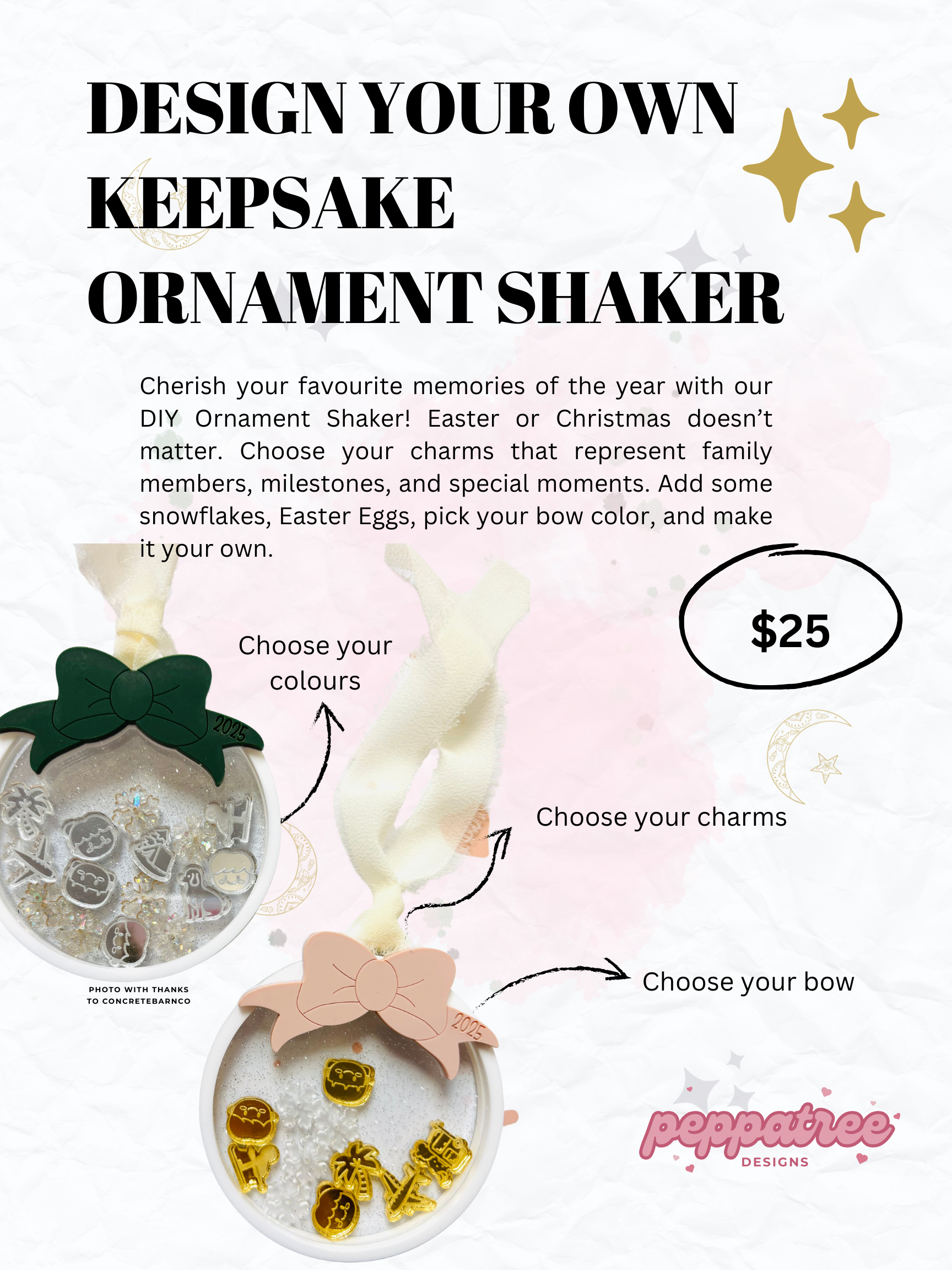 Promotional graphic for designing a DIY ornament shaker with customizable options.
