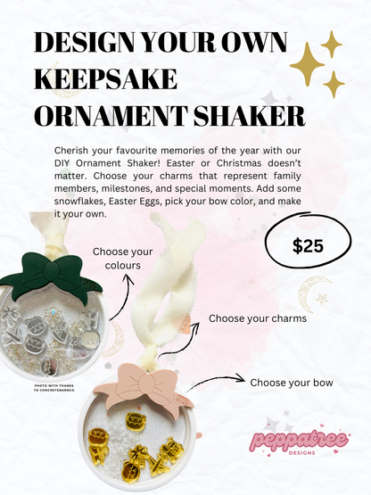 Promotional graphic for designing a DIY ornament shaker with customizable options.