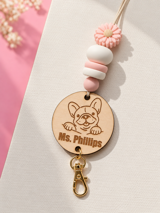 Pastel French Bulldog lanyard and keyring by PeppaTree Designs, custom dog-themed accessory with personalized details.