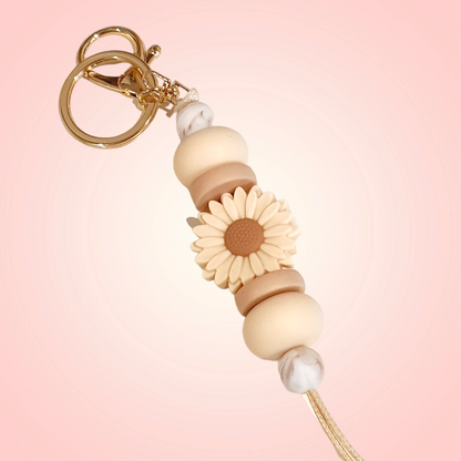 Marble and Cream Daisy Silicone Beaded Keyring | Bag Tag Keyring Lanyard - PeppaTree Design Store