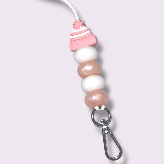 pearl pink and white winter hat silicone bead lanyard - PeppaTree Designs